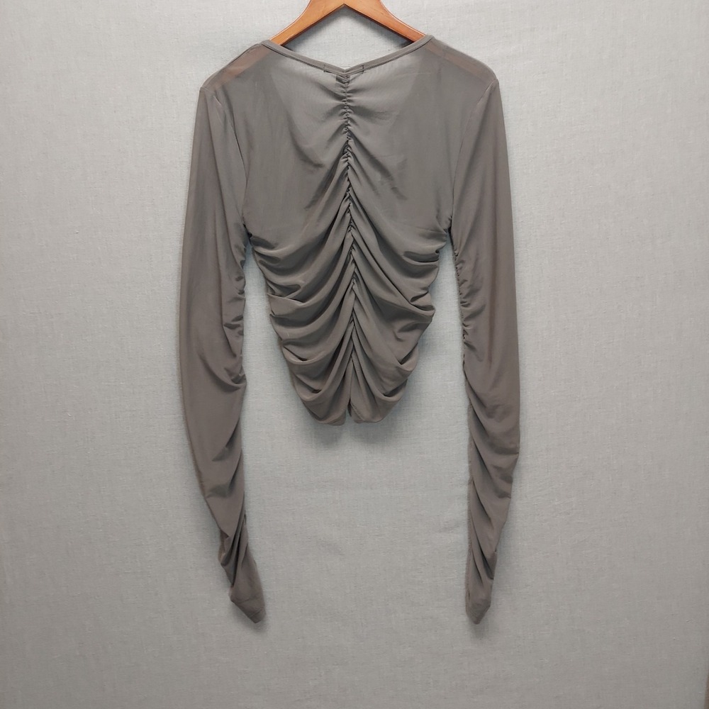 Y2K Mesh Ruched Button Front Top Women XL Gray Fairy Grunge Coquette Stretch - Picture 5 of 12